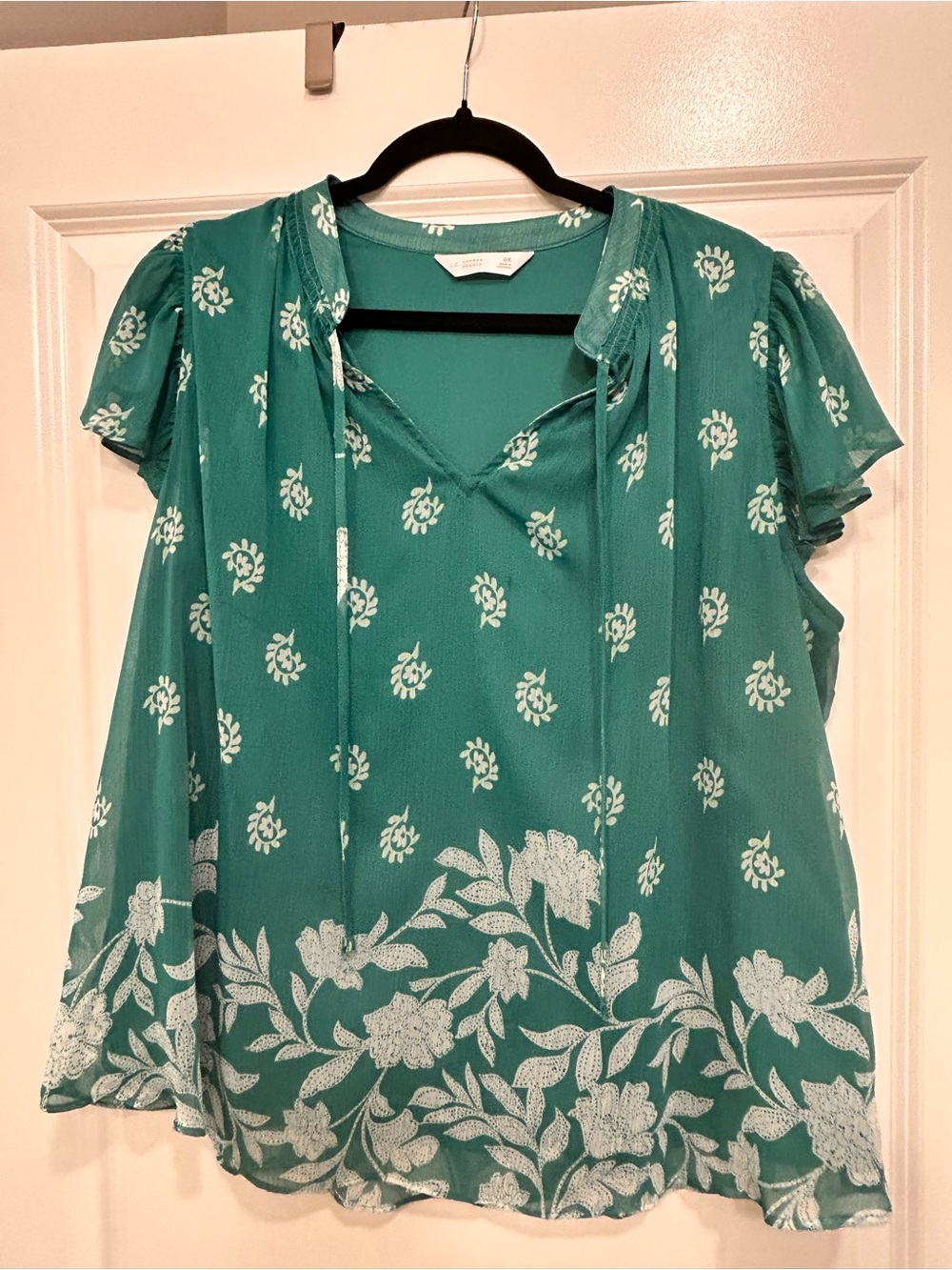 LC Lauren Conrad Teal Floral Tie-Neck Blouse
